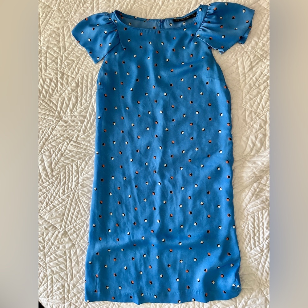 Zara blue dress with polka dot pattern and flutter sleeves